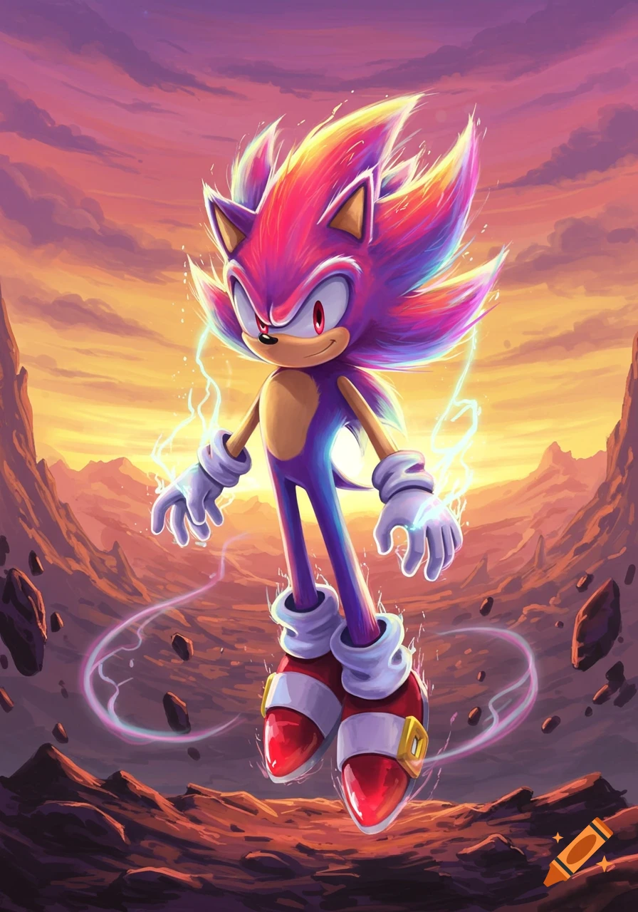 A vibrant, rainbow-furred Super Sonic with a glowing aura floats in a rocky, alien landscape under a sunset sky.