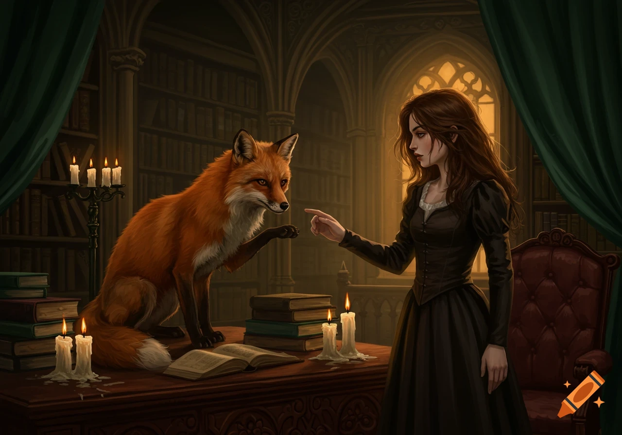 A woman in a dark dress points at a fox standing on a table in a dimly lit, gothic library with books and candles.