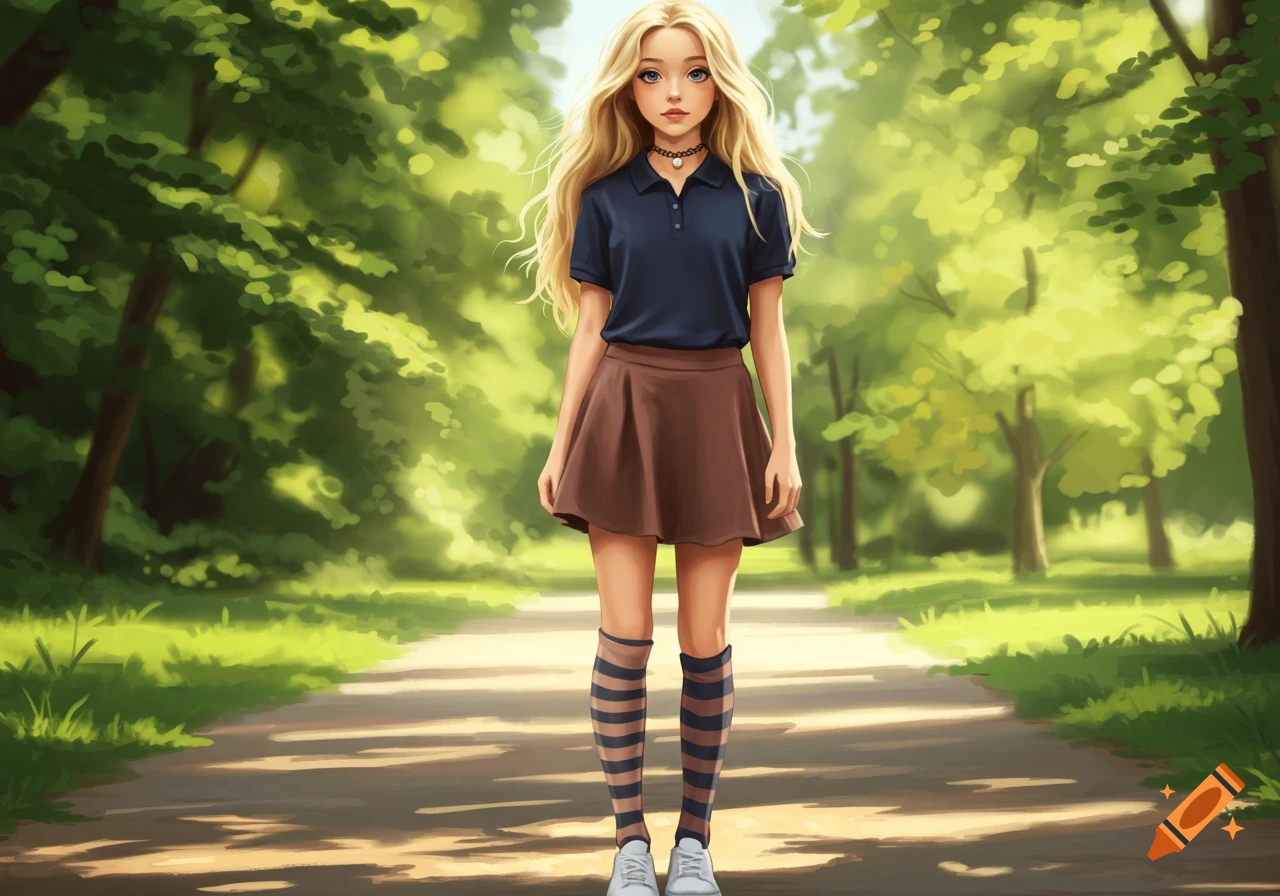 A blonde girl in a navy polo, brown skirt, striped knee-high socks, and sneakers stands on a park path in an anime art style.