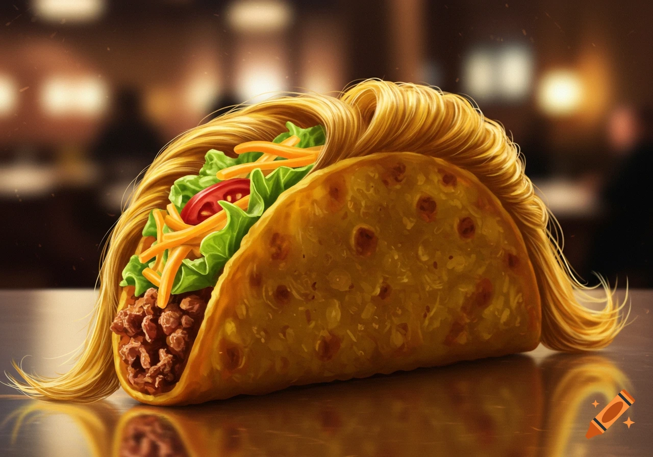 A photorealistic illustration of a taco topped with ground beef, lettuce, tomato, cheese, and long, blonde, styled hair, on a reflective surface in a restaurant setting.