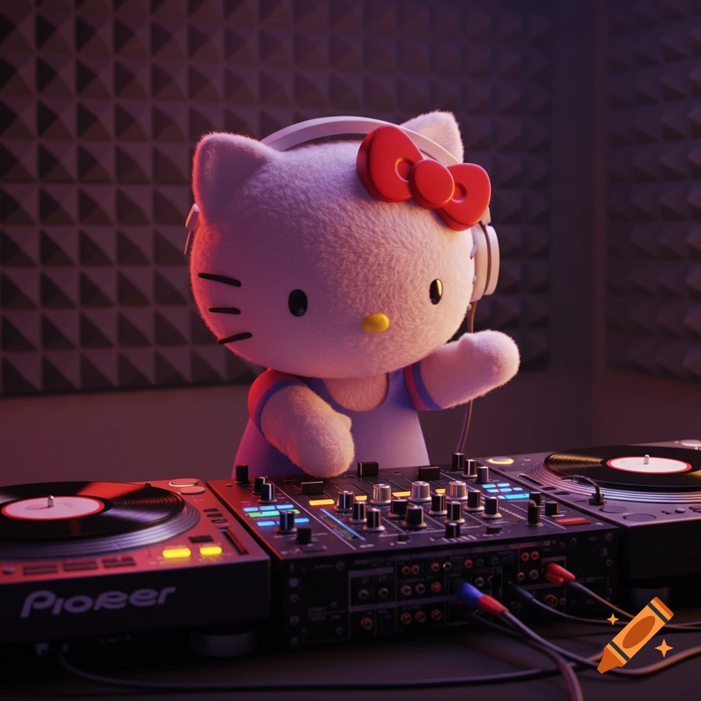 Hello Kitty wearing headphones and DJing on turntables in a dimly lit studio.