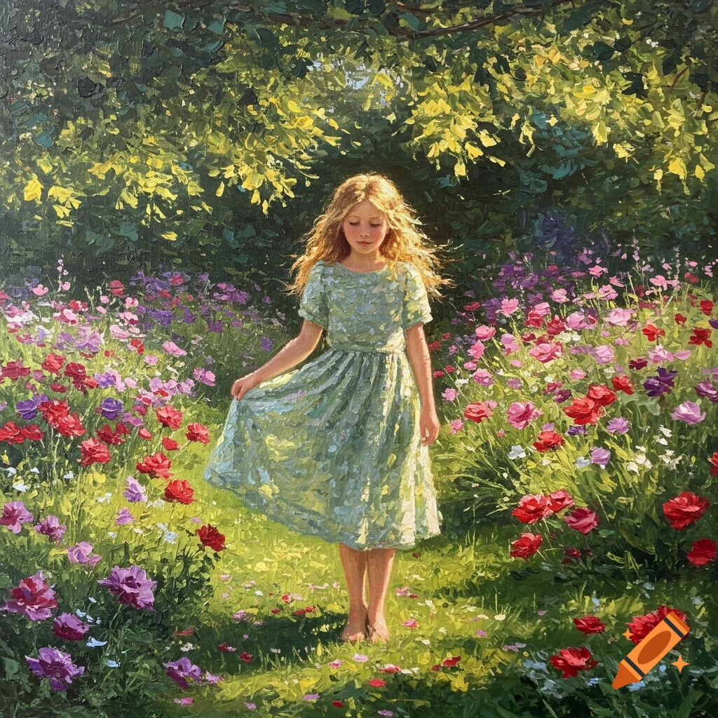 Impressionist painting of a blonde girl in a green dress walking through a colorful flower garden under trees.