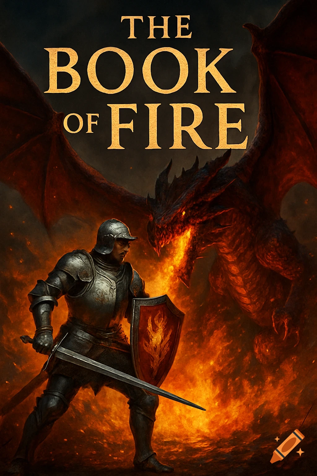 A knight in full armor with a sword and shield confronts a fire-breathing red dragon. Text: 'THE BOOK OF FIRE'.