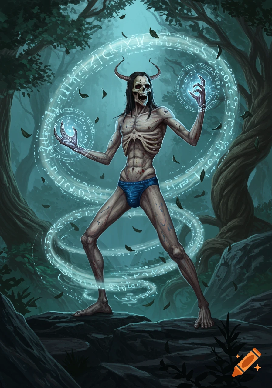 A skeletal, horned, emaciated figure resembling Vecna, wearing blue speedos, casting glowing blue magic in a dark forest. Illustrated in a dark fantasy style.