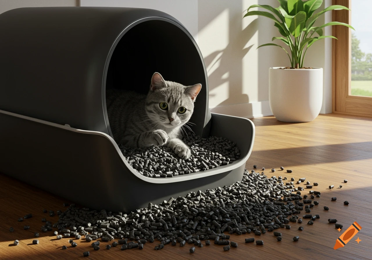 A grey tabby cat peeks out from a dark grey, hooded litter box filled with dark pellets, with some pellets spilled on a wooden floor next to a green plant.