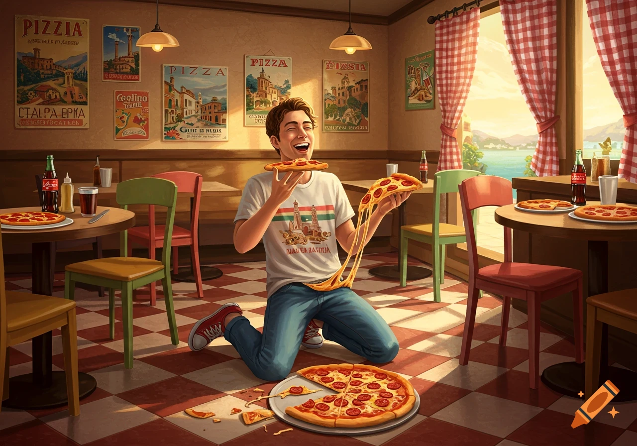 A happy young man kneels in a checkered-floor pizzeria, eating a pizza slice and laughing while holding another slice with extremely stretchy cheese.