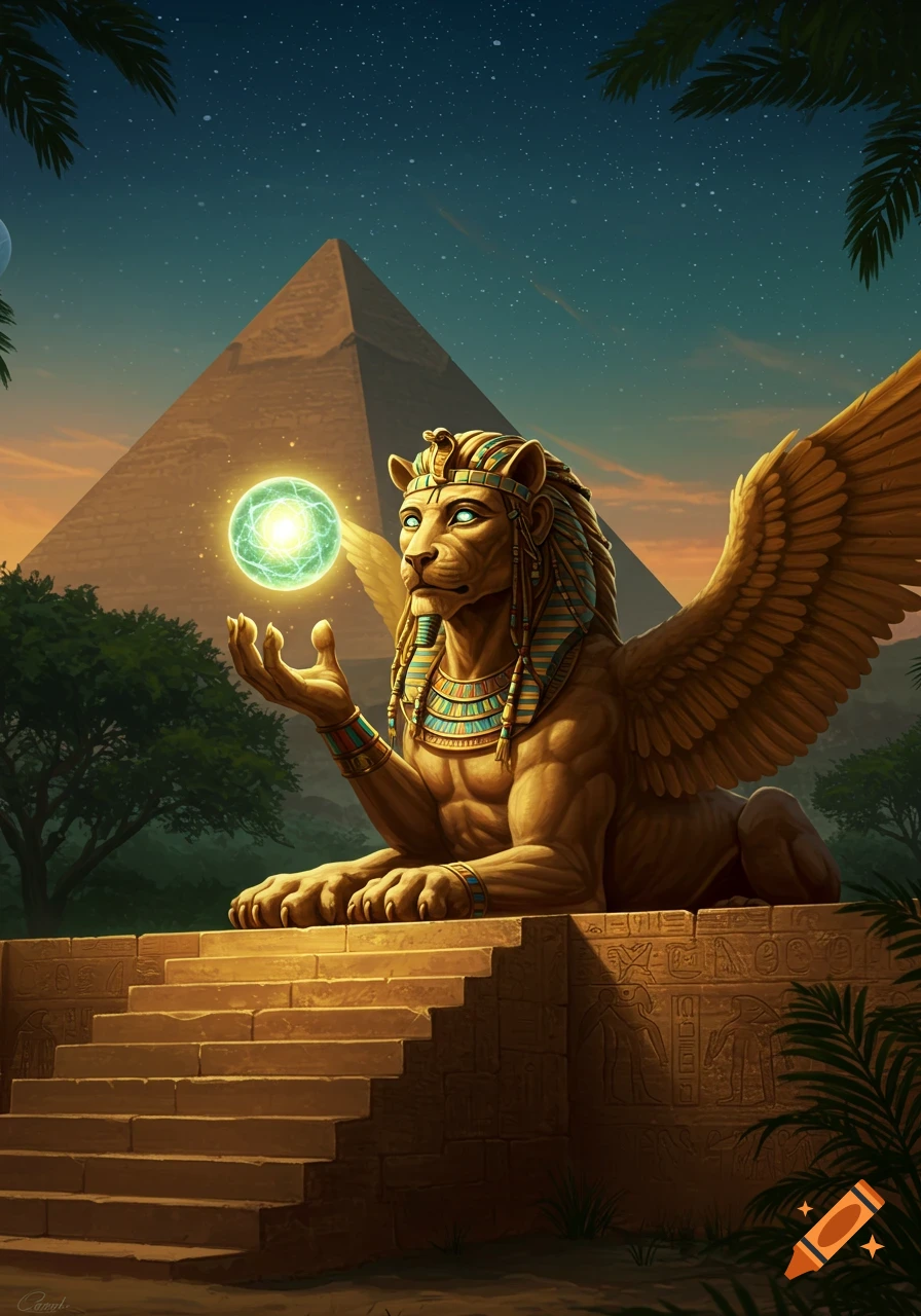 A winged sphinx with a pharaoh's headpiece sits on ancient steps, holding a glowing green orb. A pyramid is silhouetted against a starry twilight sky.