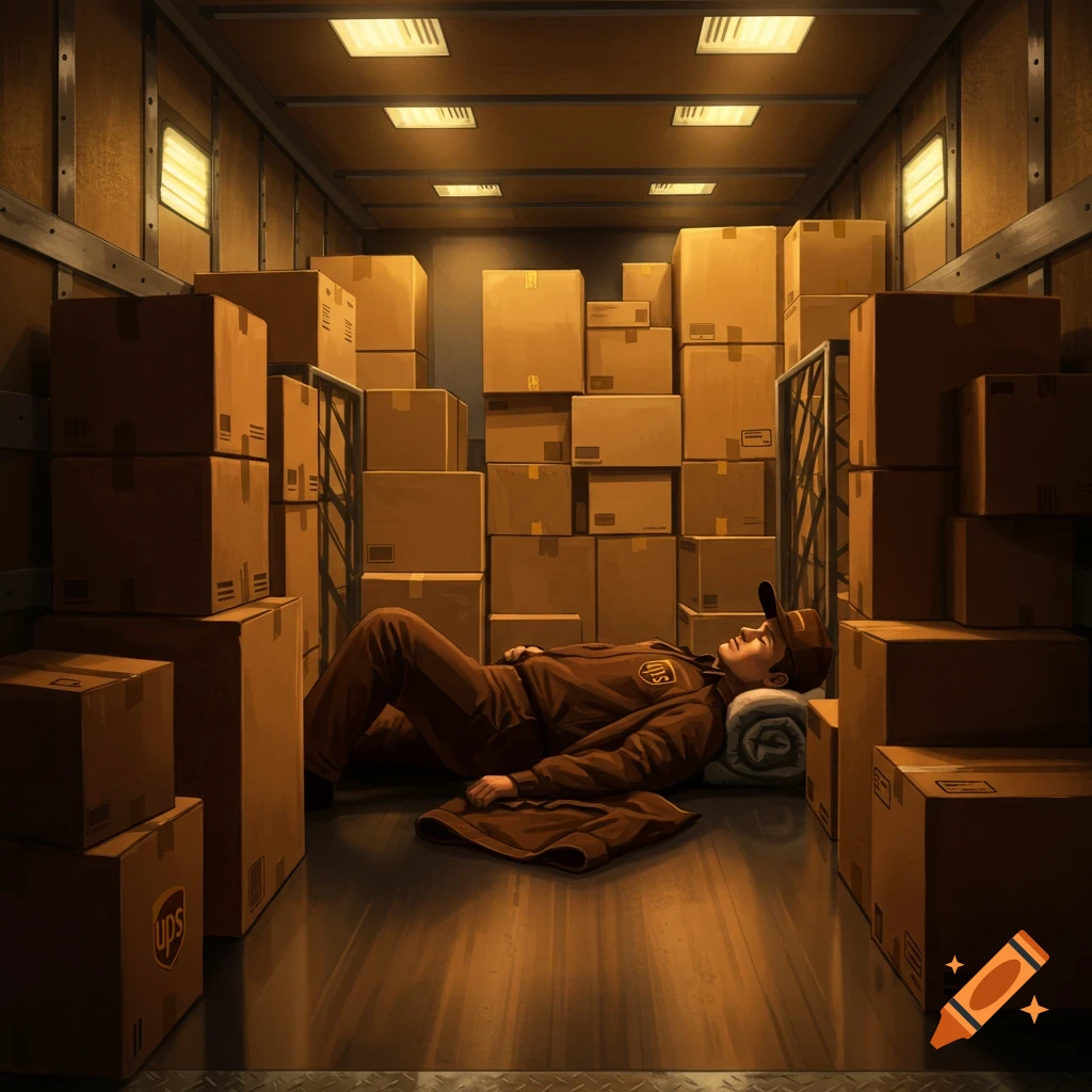 An illustrative image of a UPS driver sleeping amidst packages in the back of a delivery truck.