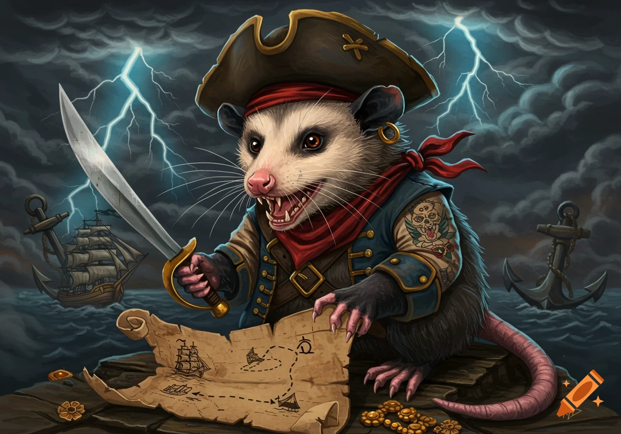 A cartoon pirate opossum in a tricorn hat, holding a sword and a treasure map, on a stormy sea with lightning.