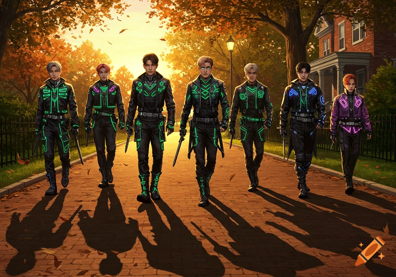 Seven K-pop-style men in glowing green, blue, and purple futuristic suits, holding swords, walk along an autumn park path at sunset.