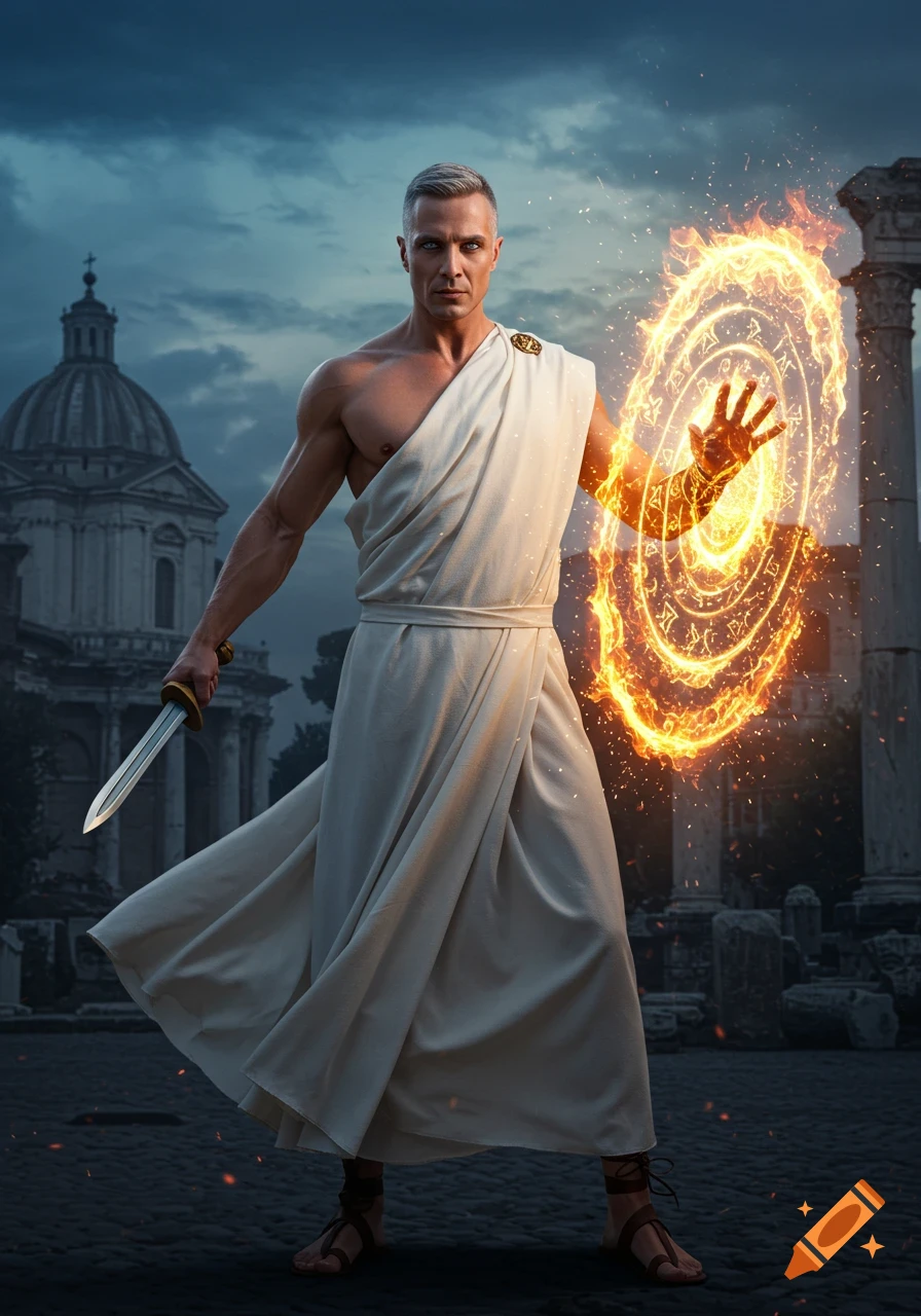A handsome Roman warrior sorcerer in white robes with a sword, summoning a fiery magical shield in front of ancient ruins.