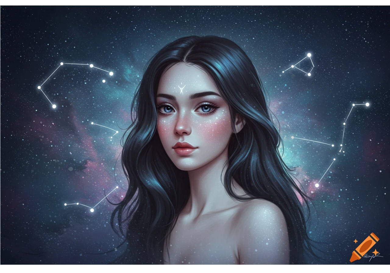 Digital art portrait of an ethereal woman with dark wavy hair, blue eyes, and sparkling makeup against a starry cosmic background with constellations.