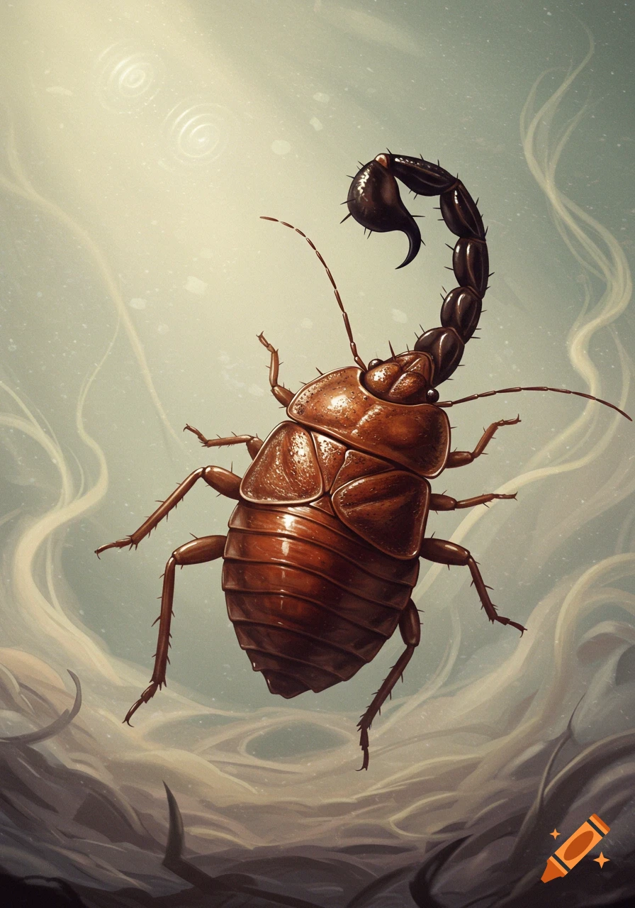 Illustration of a brown bed bug creature with a scorpion's tail, against a light, smoky background.