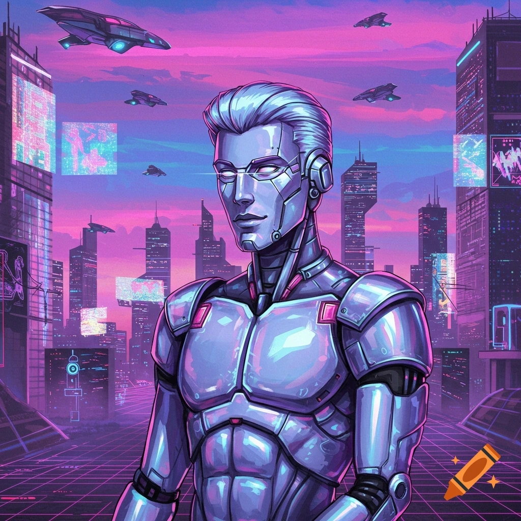 A male android in metallic armor stands in a vibrant, neon-lit futuristic city at dusk, rendered in an 80s anime style.