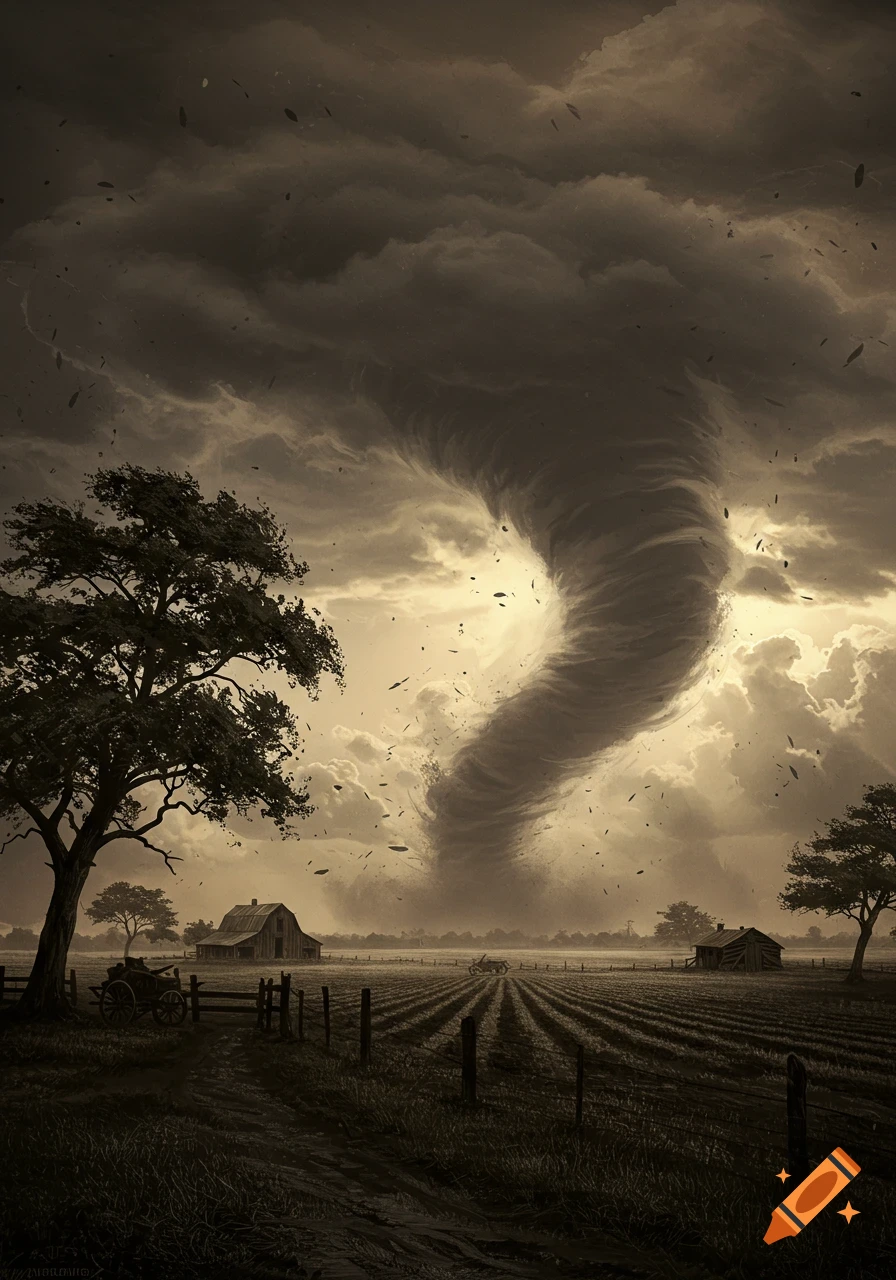 A dramatic sepia-toned image of a large tornado descending over a rural farm landscape with barns, fields, and trees under dark, stormy skies.