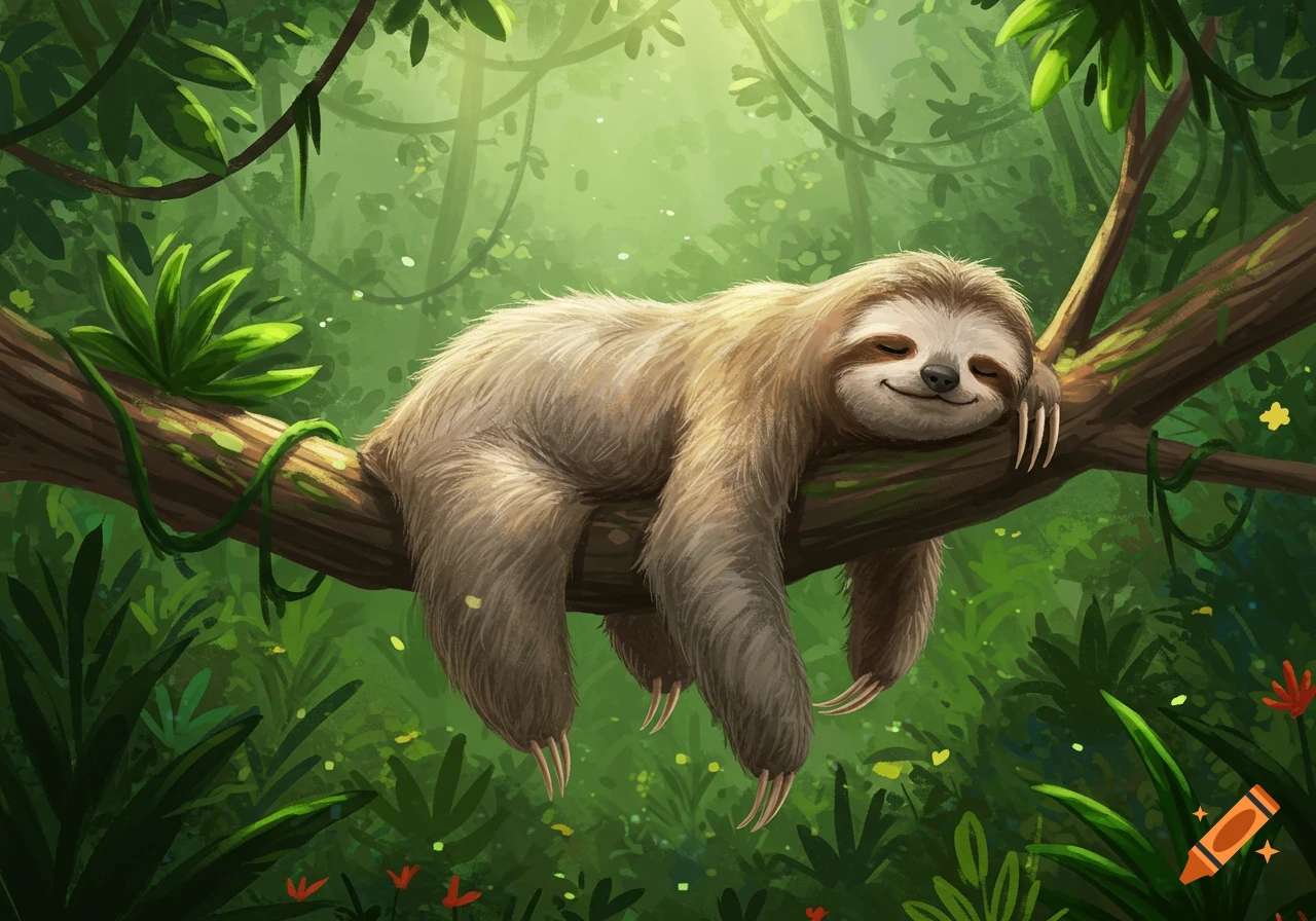 A whimsical illustration of a happy, sleeping sloth lounging on a branch in a dense, green jungle.