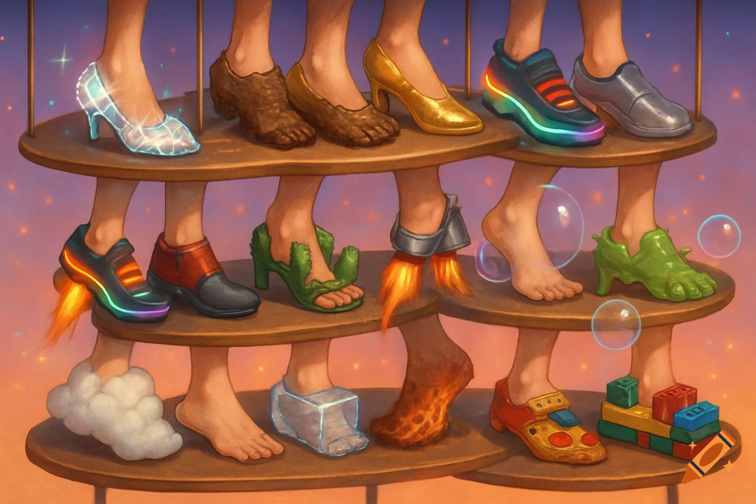 Various feet on multi-tiered shelves, each wearing a different whimsical or fantastical shoe, including glass slippers, rocket boots, cloud shoes, and Lego shoes.