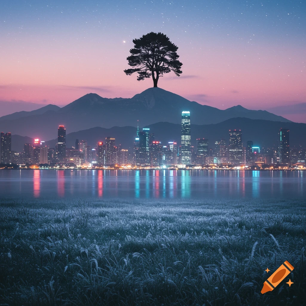 A solitary tree on a mountain overlooks a vibrant cityscape with illuminated buildings reflected in the water, under a twilight sky with stars, and a frosty foreground.