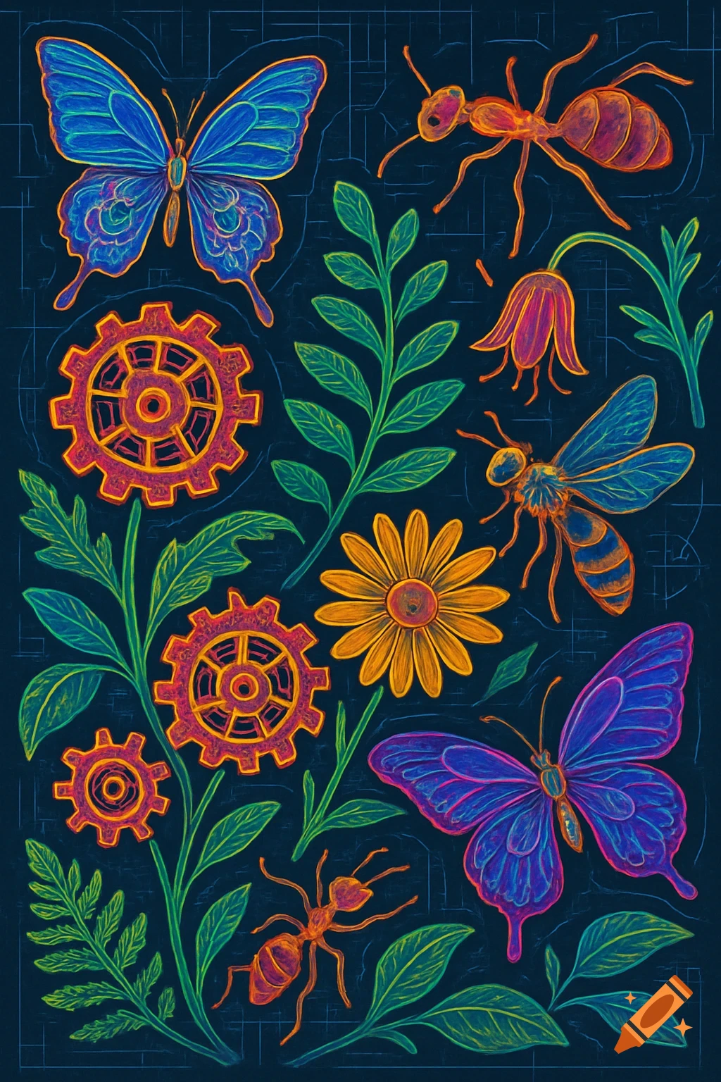 Vibrant botanical illustration with blue butterflies, orange ants and bees, colorful flowers and leaves, and red gears on a dark blue background.