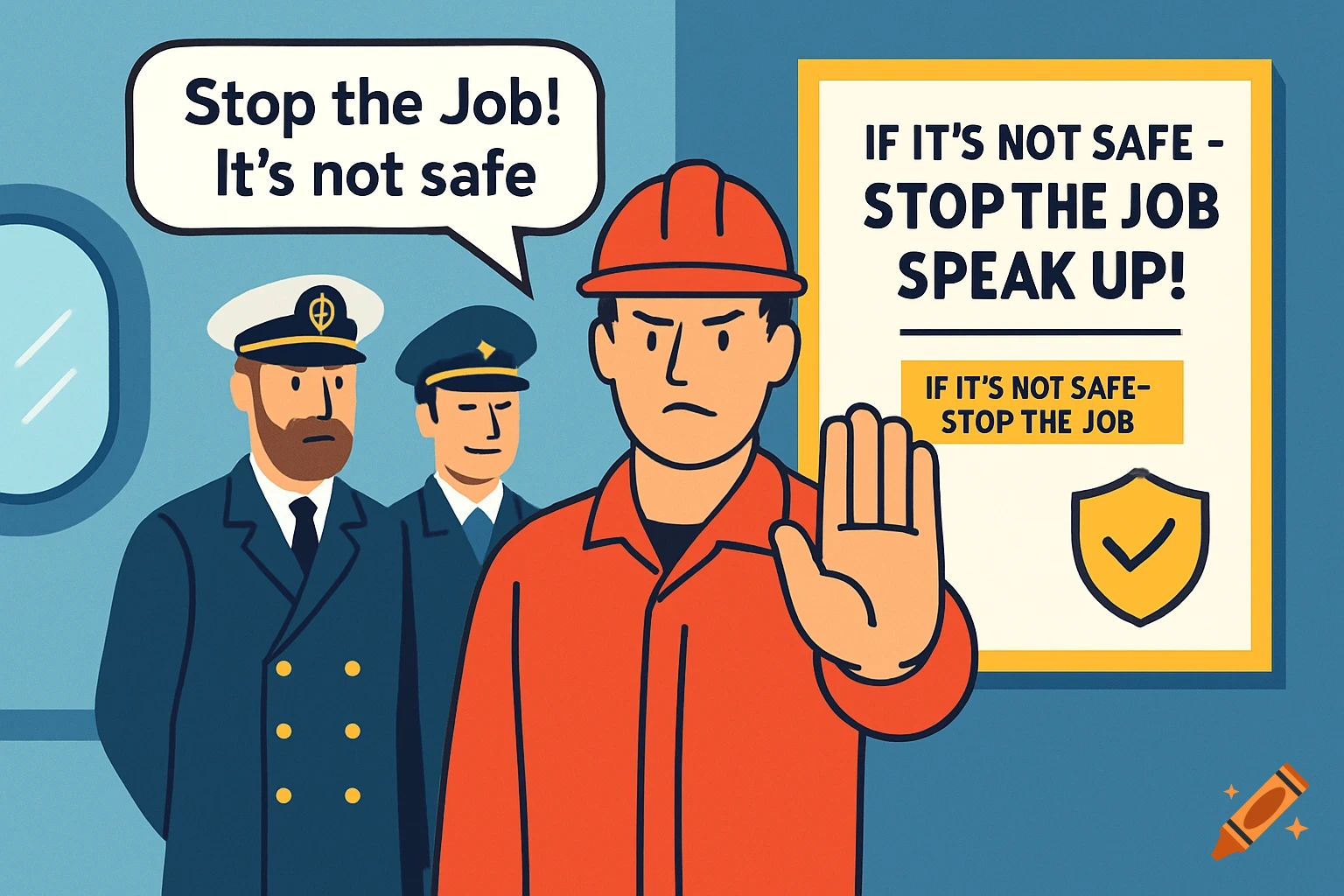 Flat design illustration of a worker in red stopping an unsafe job on a ship, with officers supporting him and safety posters.