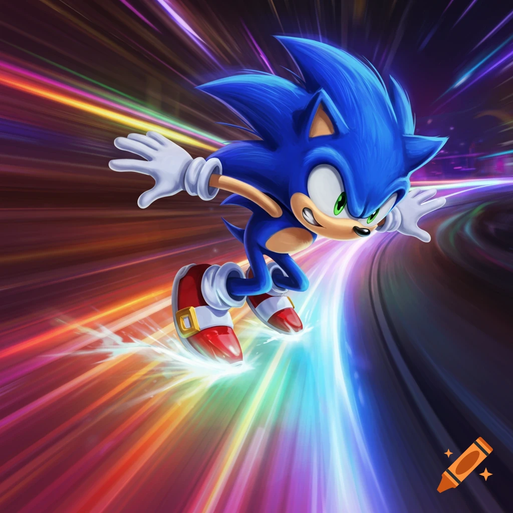 Sonic the Hedgehog speeds forward, surrounded by colorful light trails, in a vibrant, dynamic cartoon style.