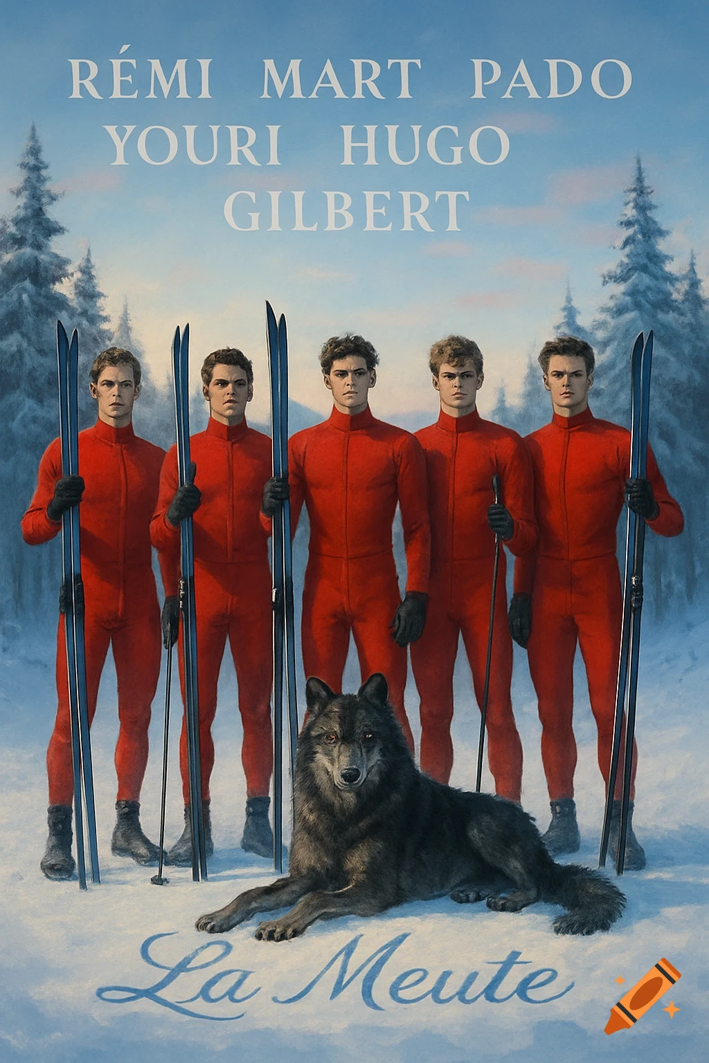 Five young men in red ski suits with skis and poles stand in a snowy forest. A black wolf lies in front of them. Text reads "RÉMI MART PADO YOURI HUGO GILBERT" and "La Meute" in a movie poster style.