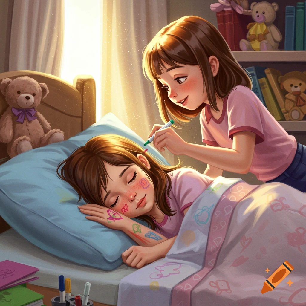 Illustration of a girl drawing with markers on the face and arm of a sleeping girl in a sunlit bedroom.