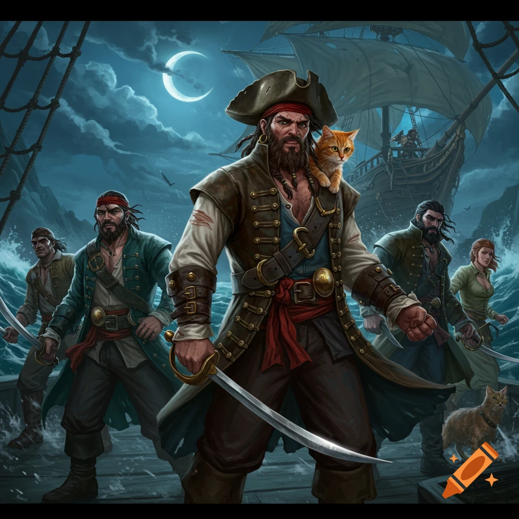 A pirate captain with a cat on his shoulder stands on a ship deck with his crew and another cat, under a moonlit stormy sky.