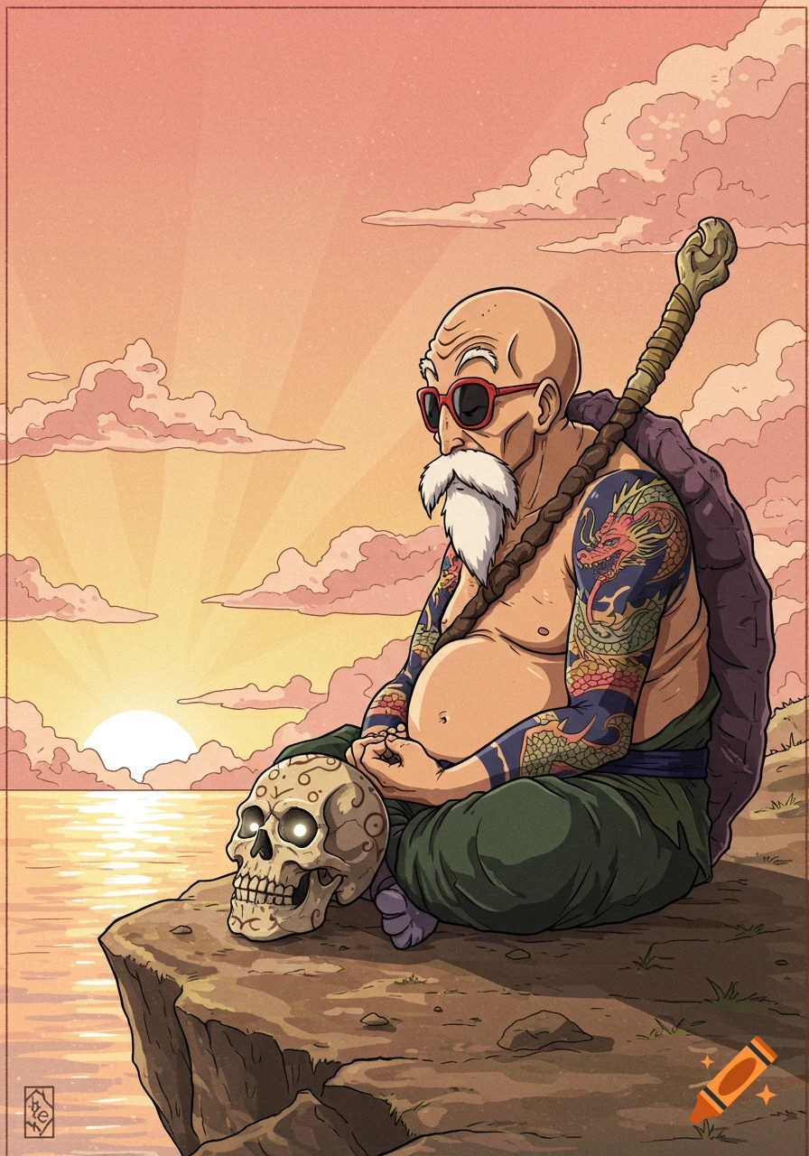 Master Roshi with tattoos and turtle shell, sitting on a cliff with a glowing skull at sunset over the ocean.