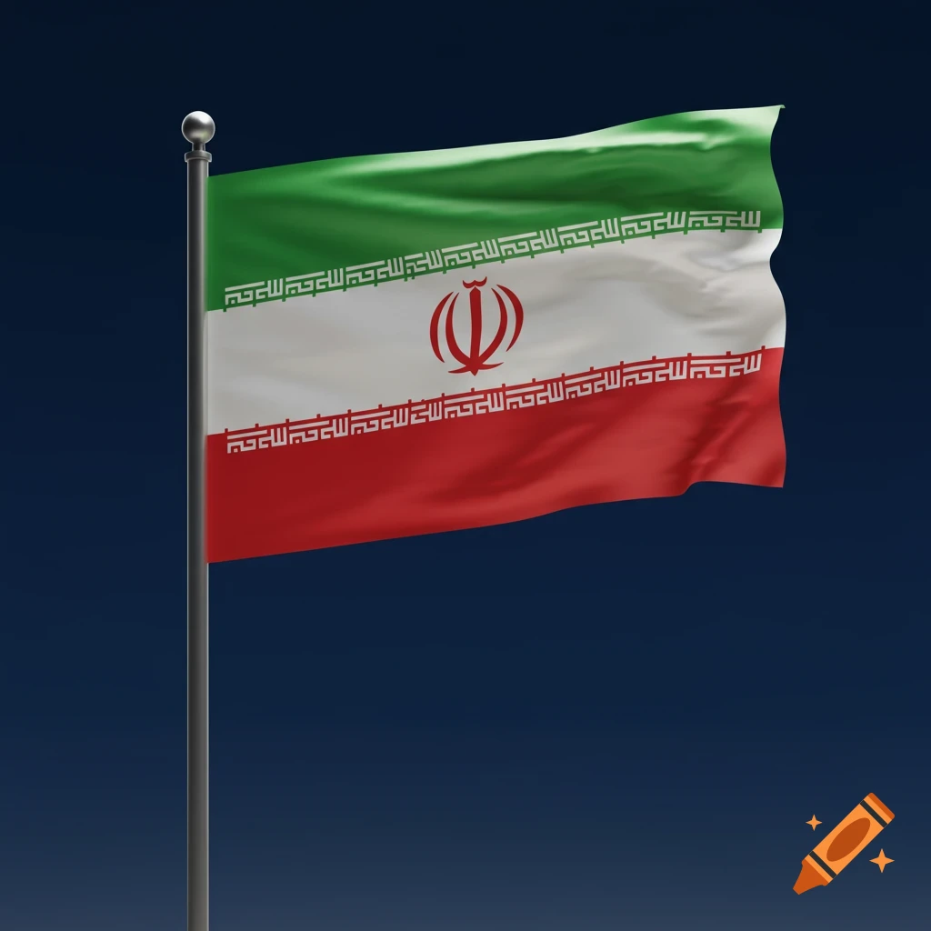 The national flag of Iran waving on a flagpole against a dark blue sky.