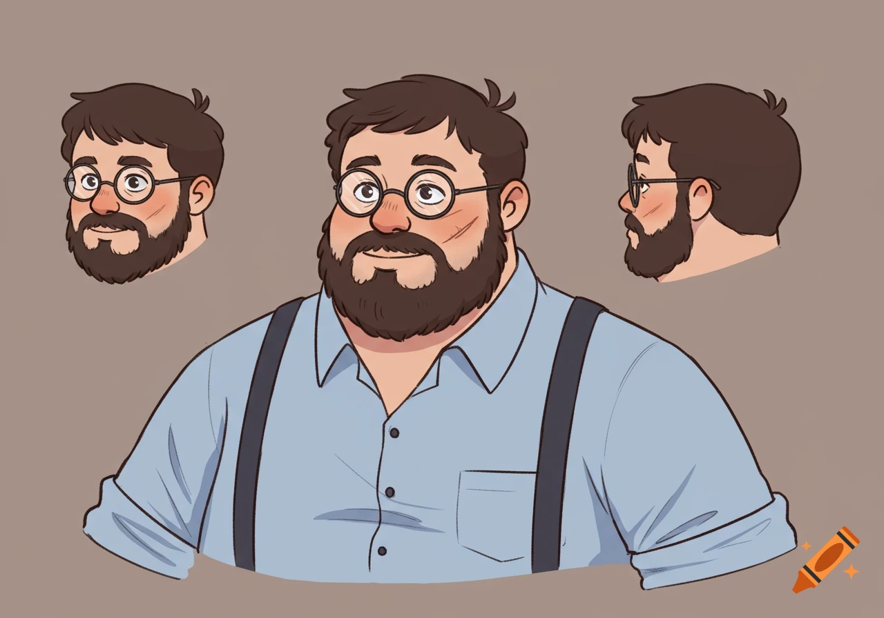 Anime character reference sheet of a plump, bearded man in glasses, light blue shirt, and suspenders, with front and side profiles.