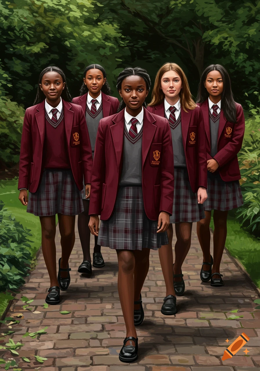 Five diverse schoolgirls in maroon blazers, grey sweaters, and plaid skirts walk on a brick path in a lush green garden.