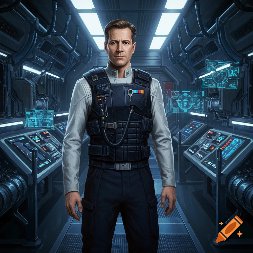 A man in a futuristic uniform with an engineer vest stands in a starship engine room, surrounded by control panels.