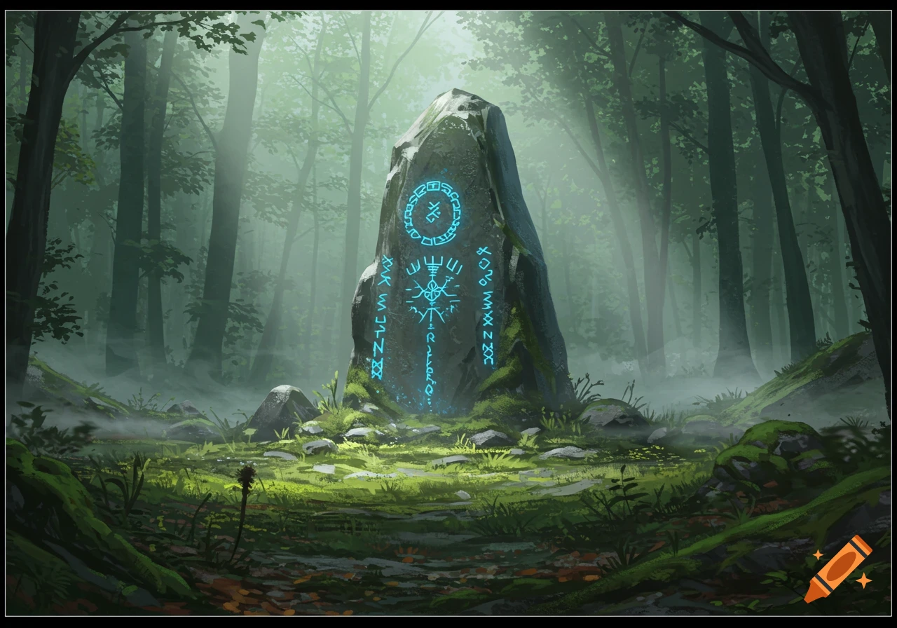 A large mossy stone monument with glowing blue runes stands in a misty, ancient forest with dappled sunlight.