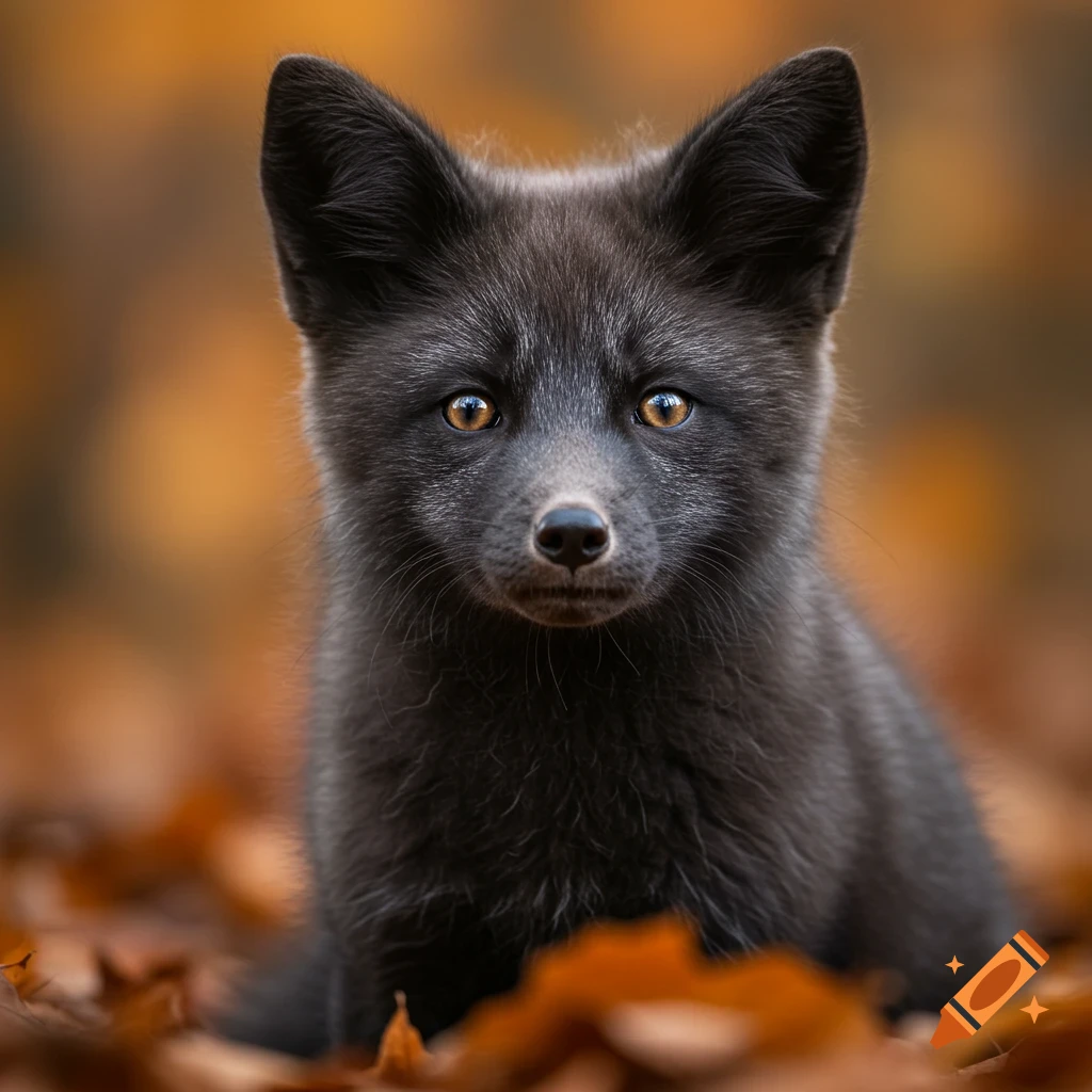 A close-up, photorealistic portrait of a black fox with amber eyes, sitting among vibrant orange autumn leaves.