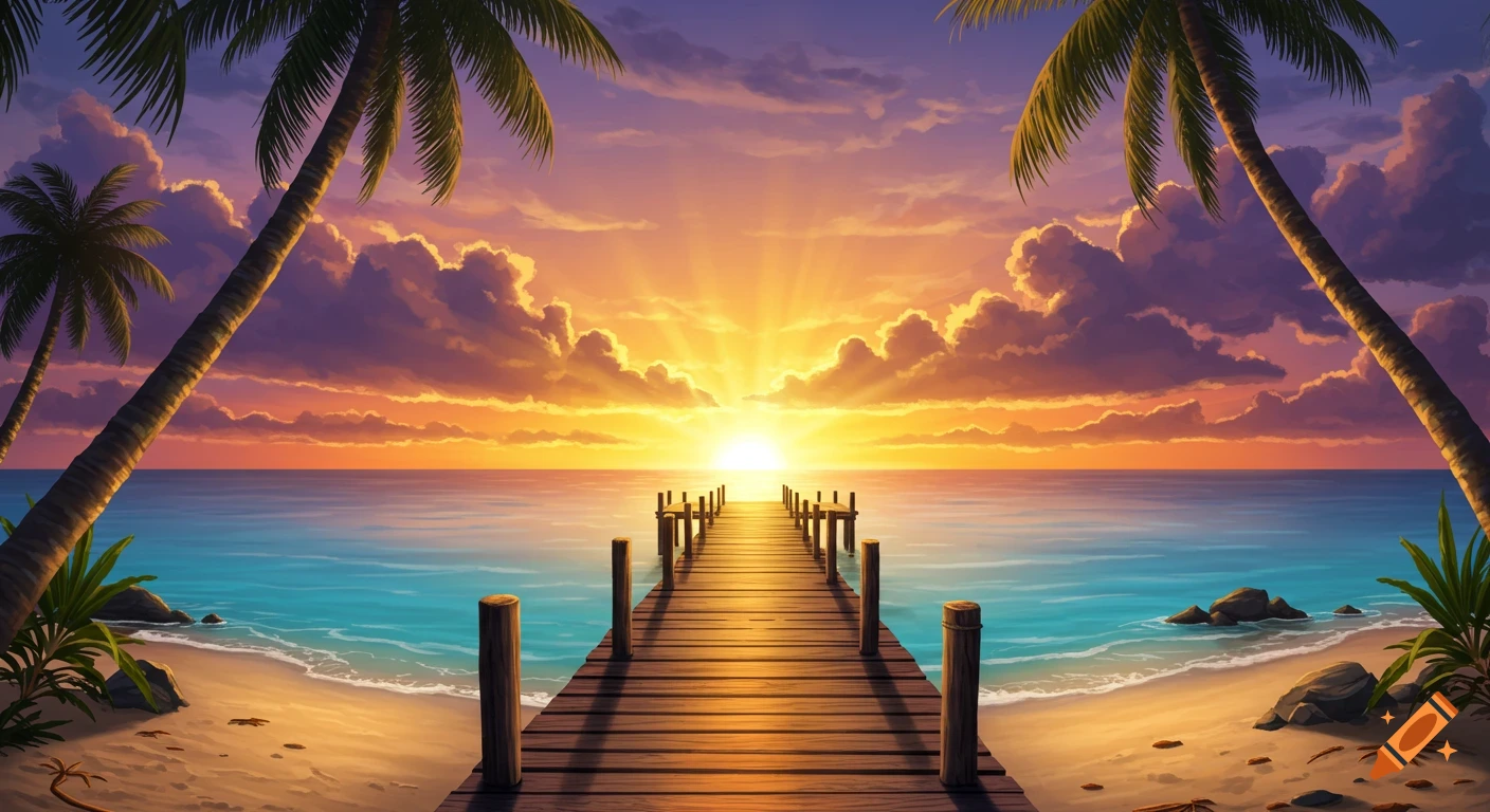 A vibrant, stylized sunset over a tropical beach with a wooden pier extending into the calm ocean, framed by silhouetted palm trees.