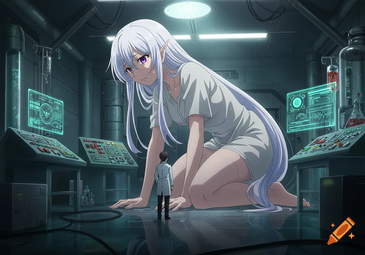A giant white-haired anime woman with purple eyes kneels in a futuristic lab, looking down at a small scientist.