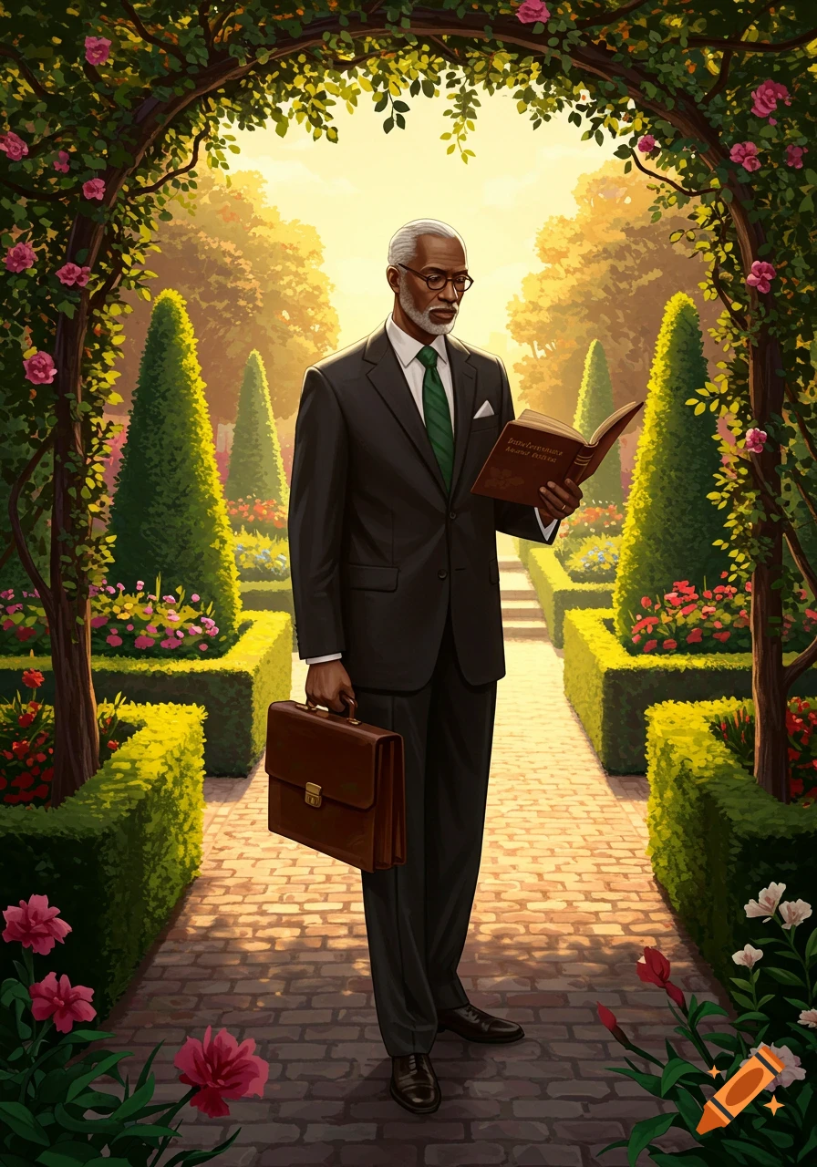A distinguished man in a suit and glasses stands in a lush, rose-filled garden, reading a book while holding a briefcase. Illustrated style.
