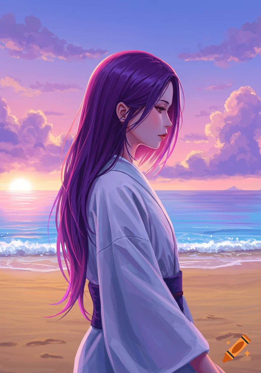 Anime-style illustration of a Japanese woman with long purple hair looking out at the ocean on a beach at sunset.