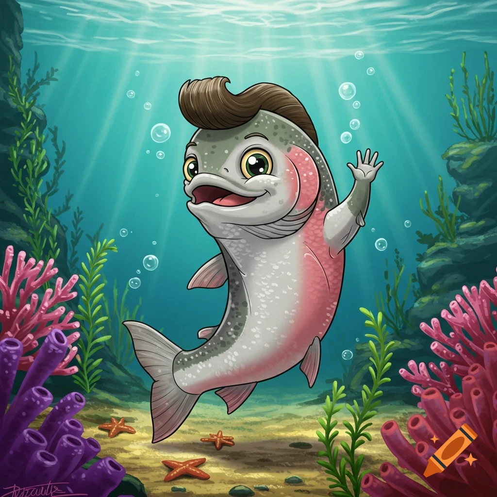 A cheerful cartoon rainbow trout with a pompadour waves underwater among colorful coral and starfish.
