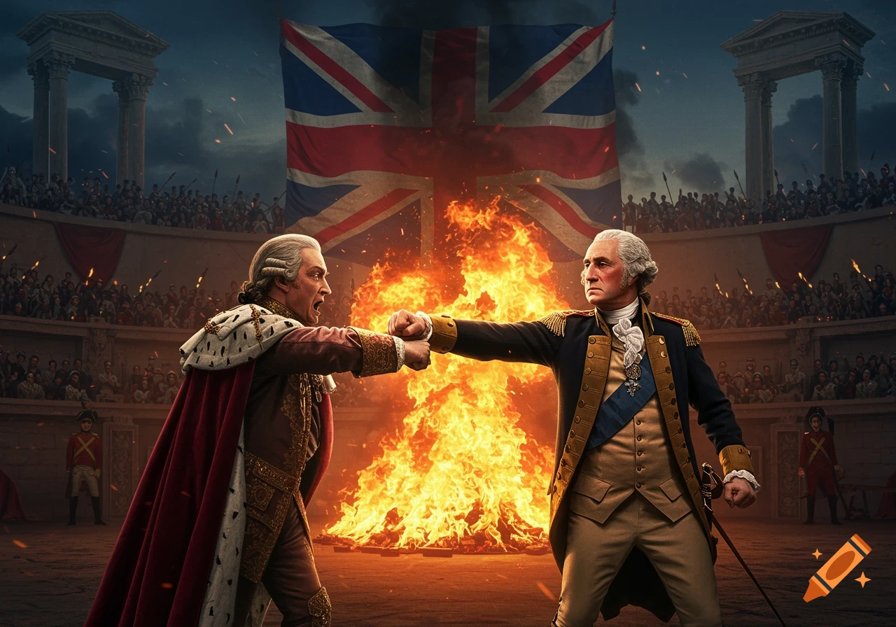George Washington and King George III face off in a fiery arena under a British flag, photorealistic.