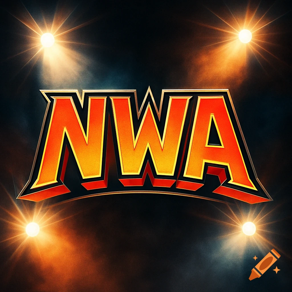 A red and yellow stylized 3D logo with the letters 'NWA' on a dark background with four bright spotlights.