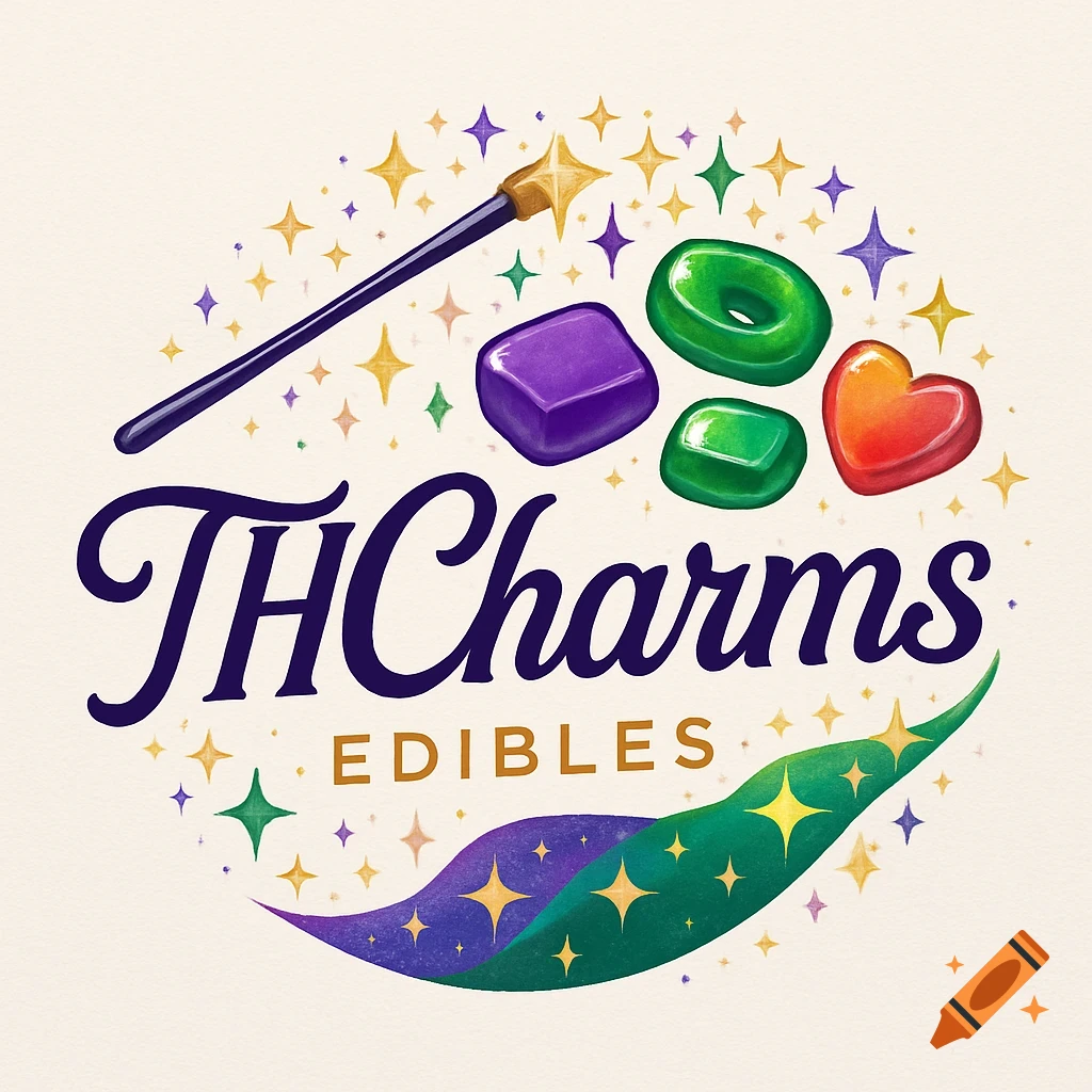 Logo for THCharms edibles with a magic wand, colorful gummies, and sparkling stars.