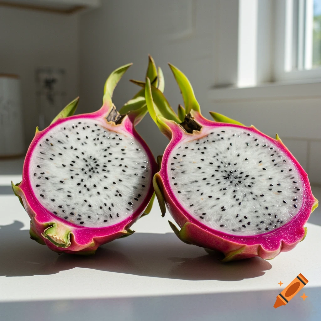 Two halves of a vibrant pink dragon fruit, cut open to reveal white flesh and black seeds, sit on a counter in a sunny kitchen.