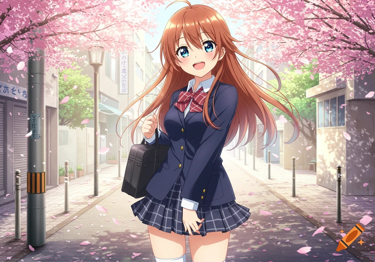 Anime school girl smiling and walking on a cherry blossom-lined street, holding a school bag.
