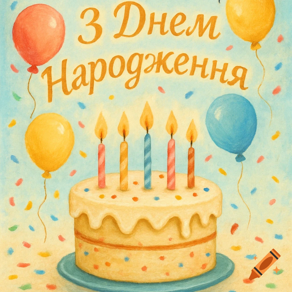 Illustrated birthday card with a cake, lit candles, colorful balloons, confetti, and 'Happy Birthday' text in Ukrainian.