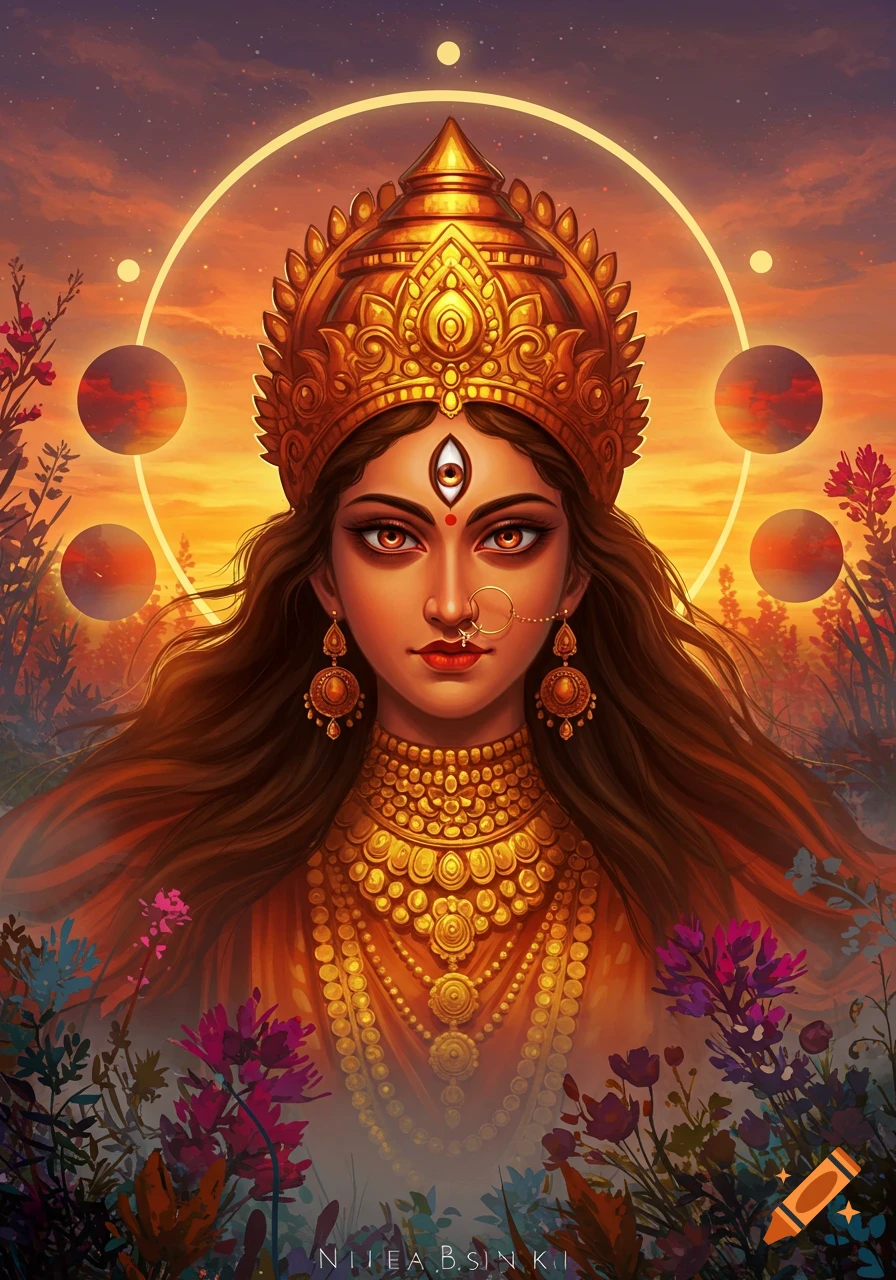 Vibrant digital art of a regal goddess with a third eye, adorned in gold jewelry, against a sunset sky with planets and flowers.