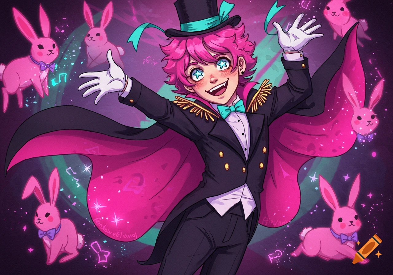 An anime-style boy with pink hair and star pupils, dressed as a magician in a black suit, pink cape, and top hat, conjuring pink bunnies amidst magic.