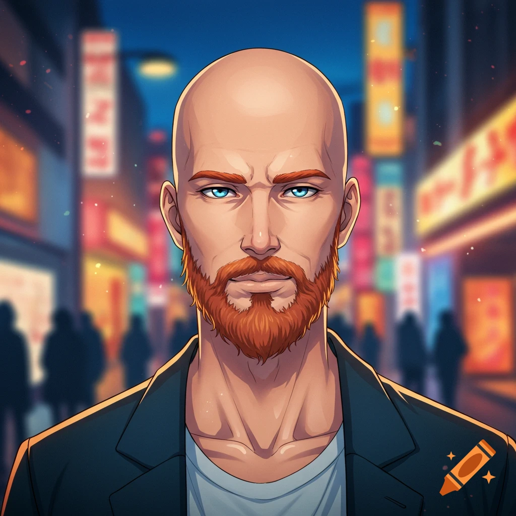 A bald man with a ginger beard and blue eyes, in anime style, stands in a blurred, neon-lit city street.