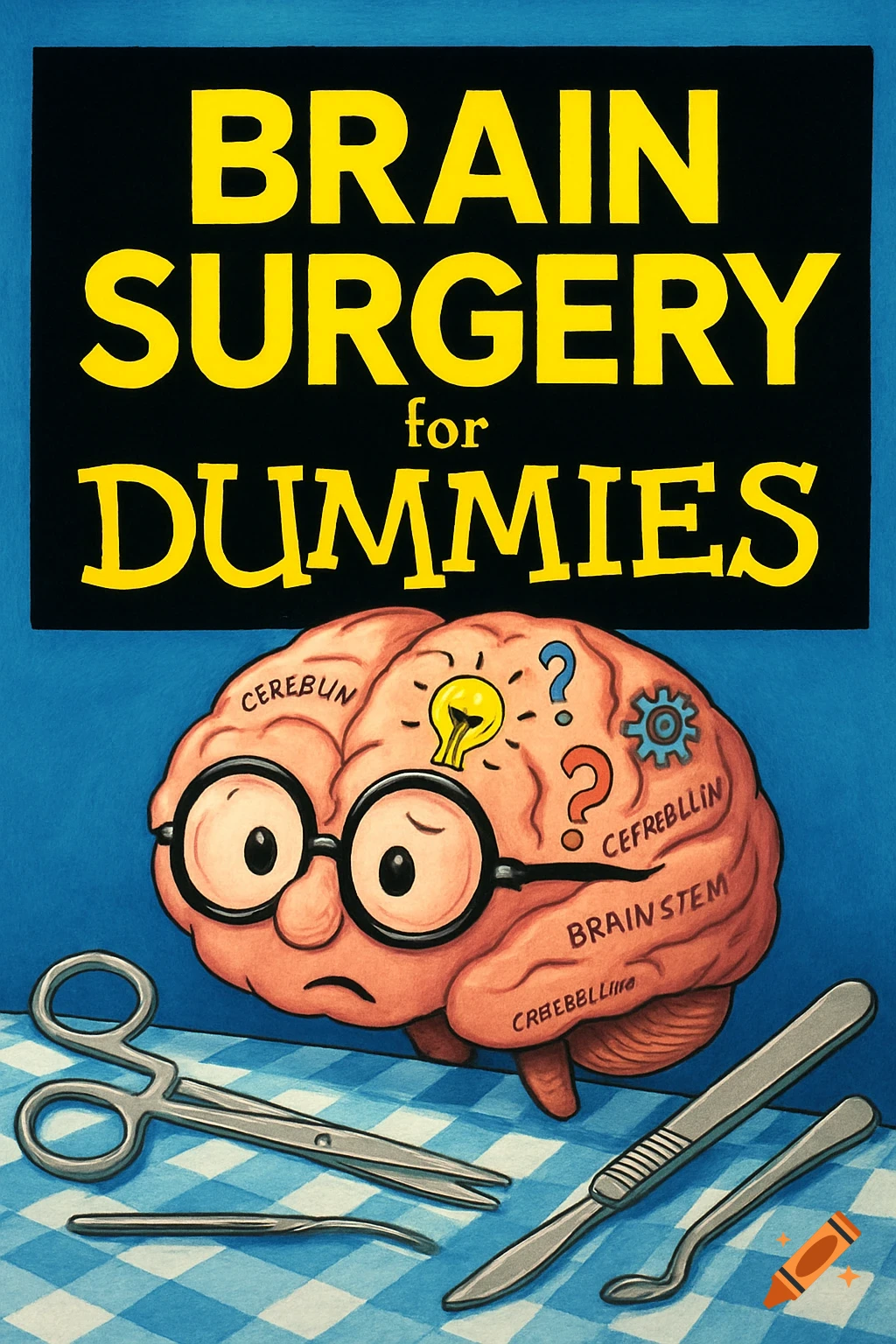 A humorous cartoon book cover for "Brain Surgery for Dummies" featuring a worried brain with glasses, question marks, and labels, surrounded by surgical tools on a blue and white checkered table.